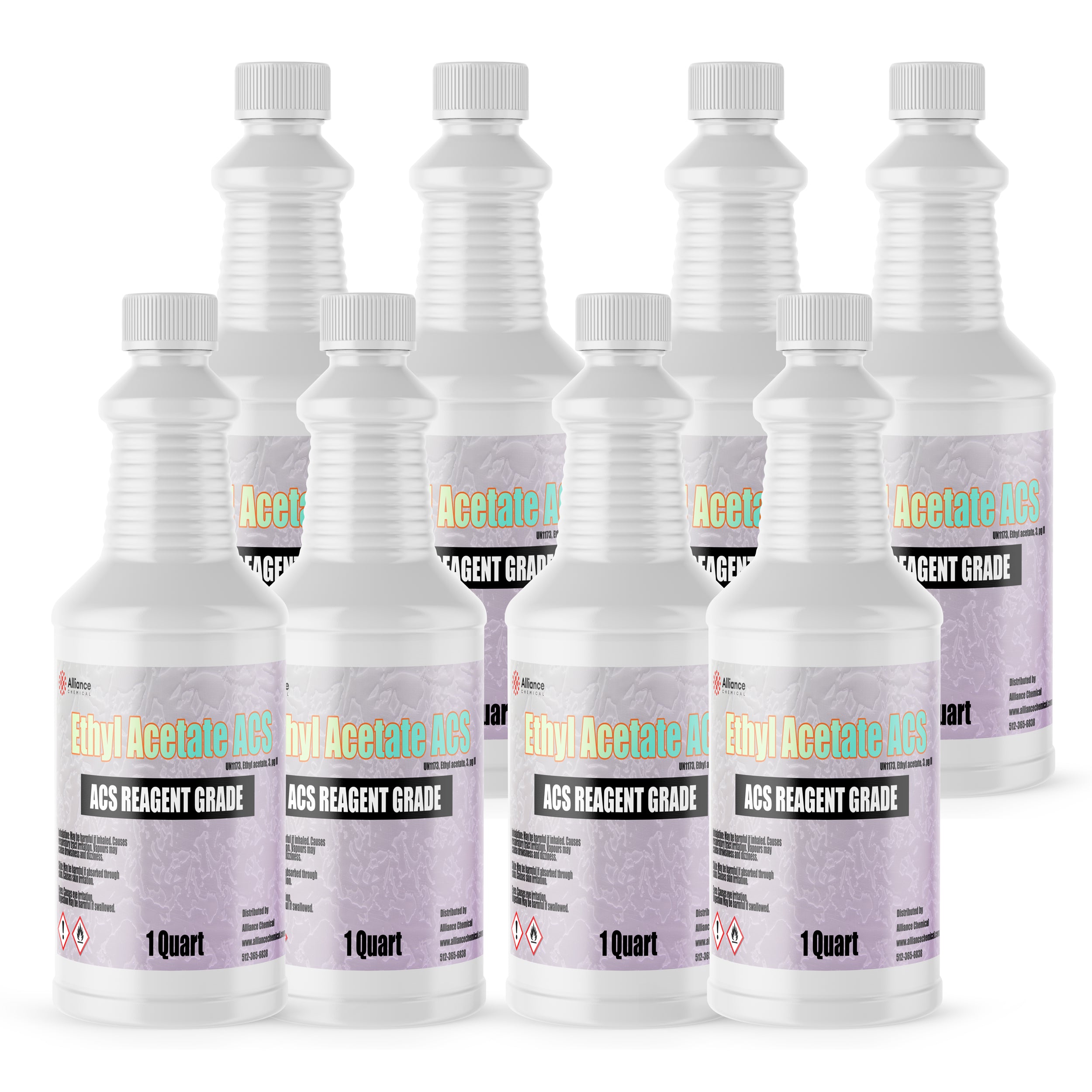 8x1-quart Ethyl Acetate ACS Reagent Grade in white HDPE bottles with ribbed safety caps, GHS hazard symbols, Alliance Chemical branded, laboratory-grade purity.